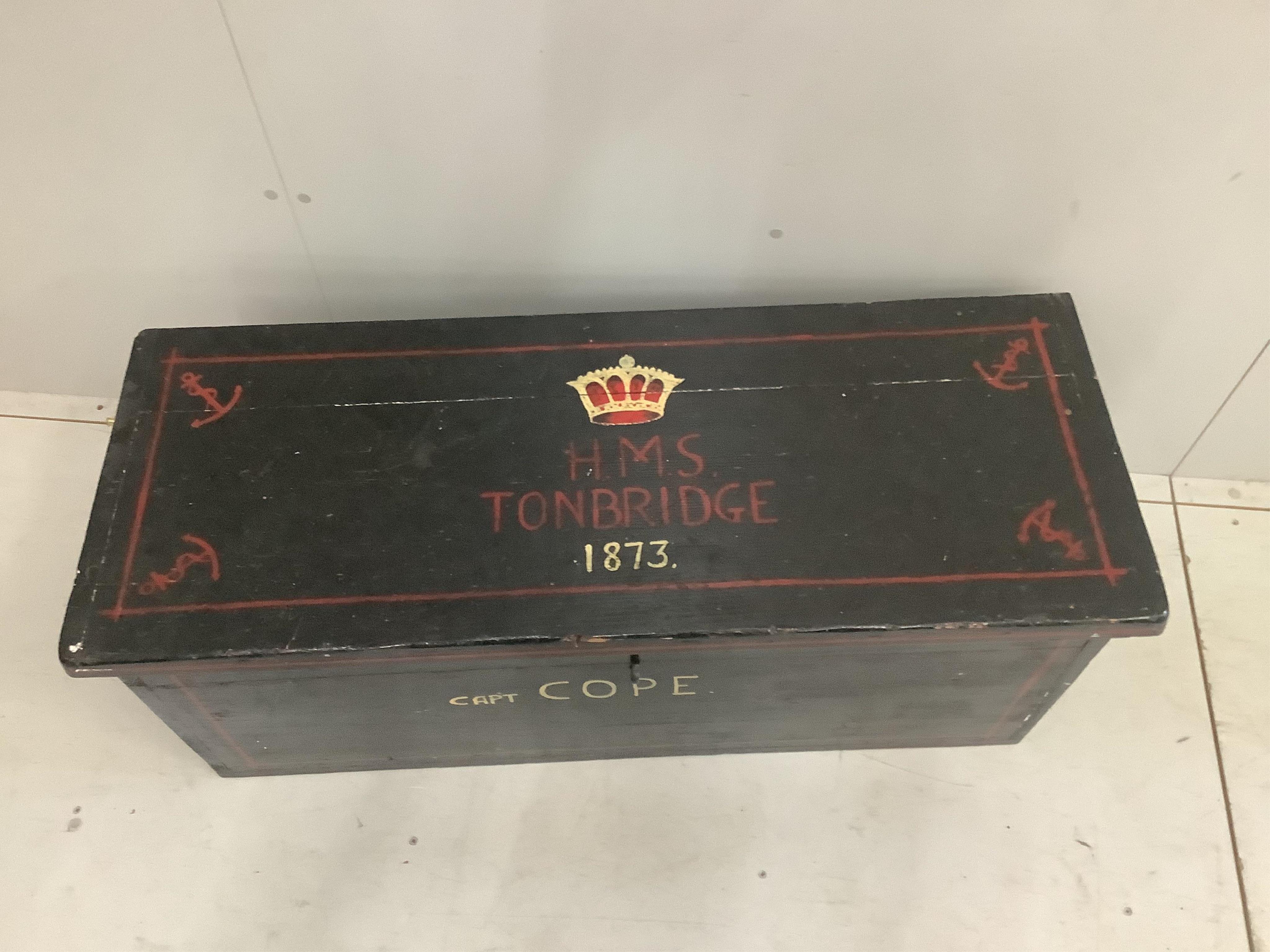 An ‘HMS Tonbridge, Capt Cope’ trunk, later painted, width 109cm, depth 42cm, height 43cm. Condition - fair